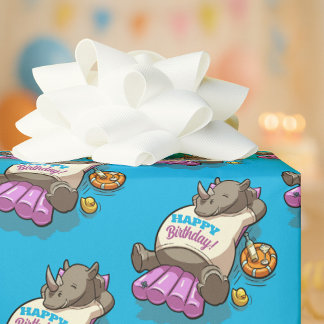 Papel De Presente Funny Rhino Happy Birthday! Pool Party Cartoon