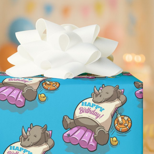 Papel De Presente Funny Rhino Happy Birthday! Pool Party Cartoon (Criador carregado)