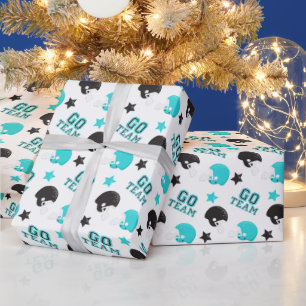 Papel De Presente Futebol Americano Turquesa Azul e Preto Padrão