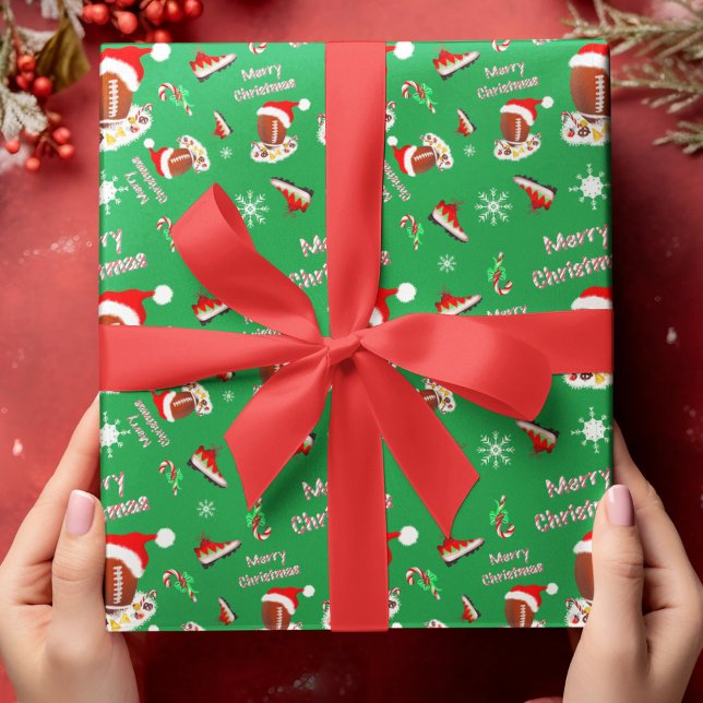 Papel De Presente Futebol de Natal Alegre Com Padrão de Lanche  (Score a touchdown of joy with football-themed holiday wrapping paper!)