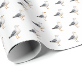 Papel De Presente Gaivota Pássaro Praia Oceano Costa Aquarela