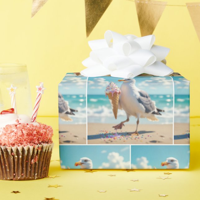 Papel De Presente Gaivota segurando um cone de sorvete (Festa de aniversário)