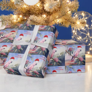 Papel De Presente Gala do Cacatua Rosa Chapéu de Papai Noel Natal Fe