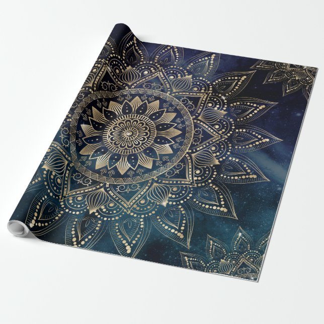 Papel De Presente Galáxia Azul Elegante Dourada Mandala (Desenrolado)