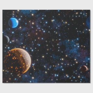 Papel De Presente Galáxia com estrelas e planetas