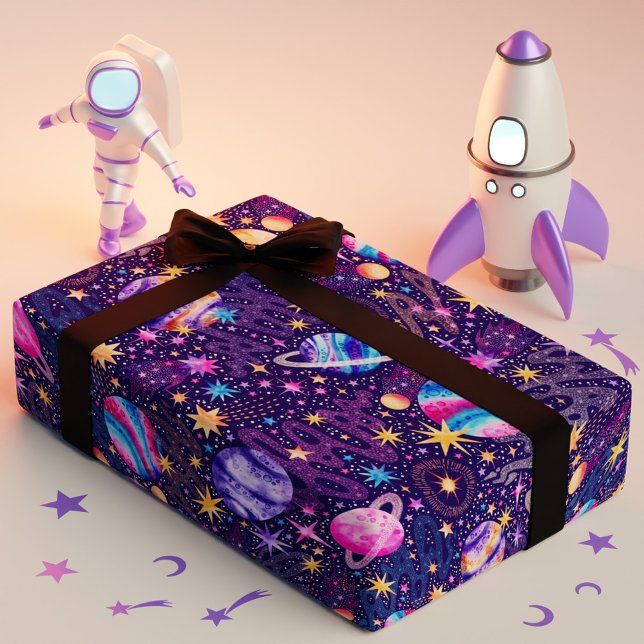 Papel De Presente Galáxia do espaço externo com Galáxias e Estrelas  (Outer space Galaxy with Planets Galaxies and Stars Wrapping Paper)