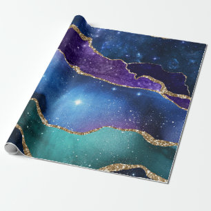 Papel De Presente Galáxia Rosa Azul Roxo Ágata Falso Brilho Dourado