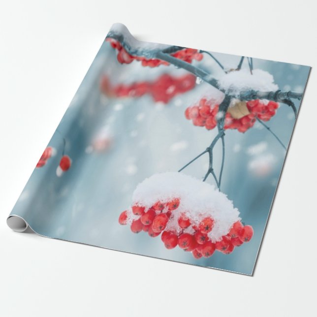 Papel De Presente Galhos de Azevinho com Frutas Neve Feriado (Desenrolado)