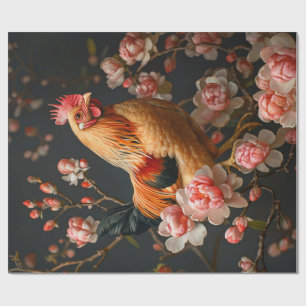 Papel De Presente Galinha cercada por Decoupage de Flores Rosa