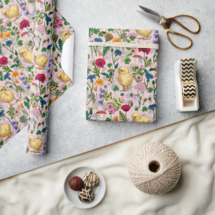 Papel De Presente Galinhas e flores silvestres, de algodão, cor-de-r