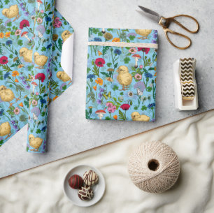 Papel De Presente Galinhas e flores silvestres em azul-bebê