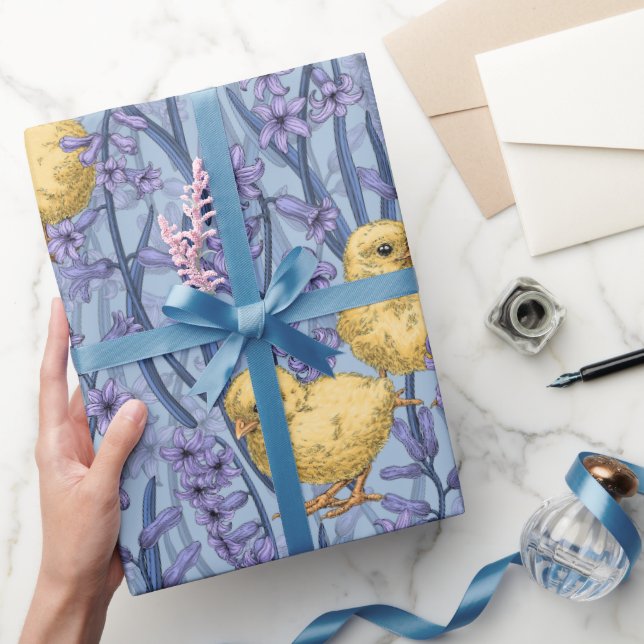 Papel De Presente Galinhas e jacintos em azul-céu (Presentear)