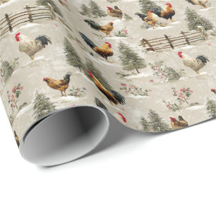 Papel De Presente Galinheiros de Natal e Galos Fazenda Inverno