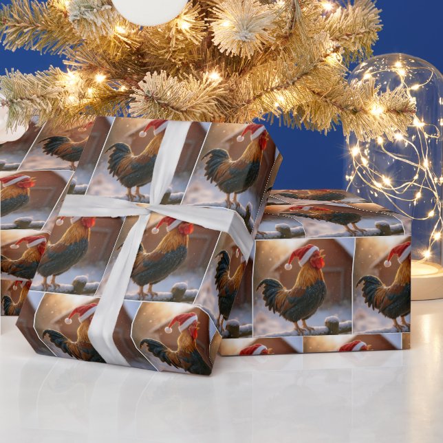 Papel De Presente Galo de Natal Cantando em uma Cerca Coberta de Nev (Feriados)