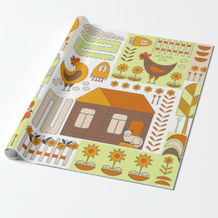 Papel De Presente Galo e duas galinhas, ovos, flores, casa, gaveta