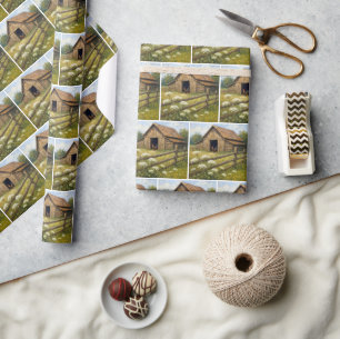 Papel De Presente Galo num Pátio de Fazenda Pintura a Óleo
