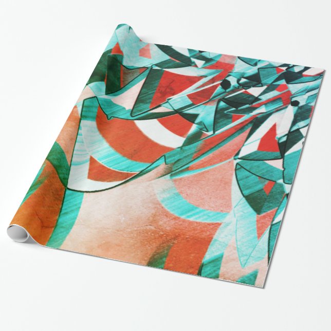 Papel De Presente Gamas cianas azuis sobre fundo coral rústico (Desenrolado)