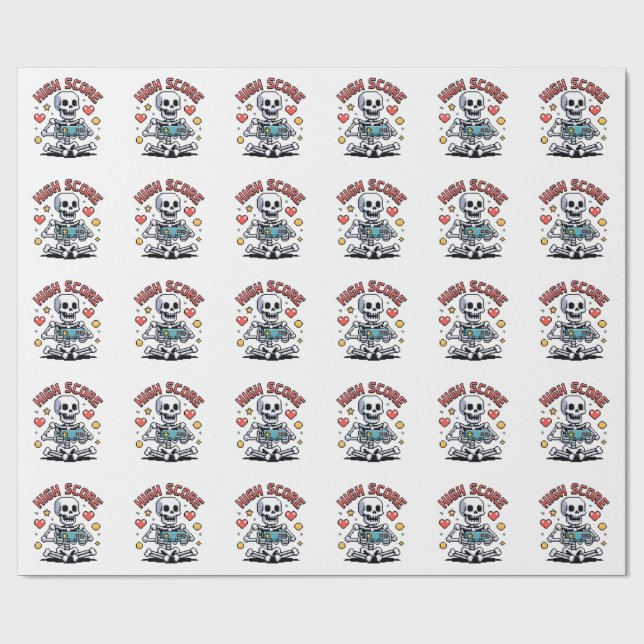 Papel De Presente Gamer de Esqueleto Pixel Halloween Vídeo Jogos (Aberto)