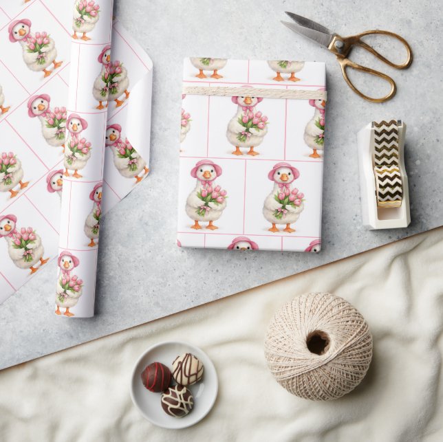 Papel De Presente Ganso Branco Segurando Buquê de Tulipas Rosa (Artesanato)