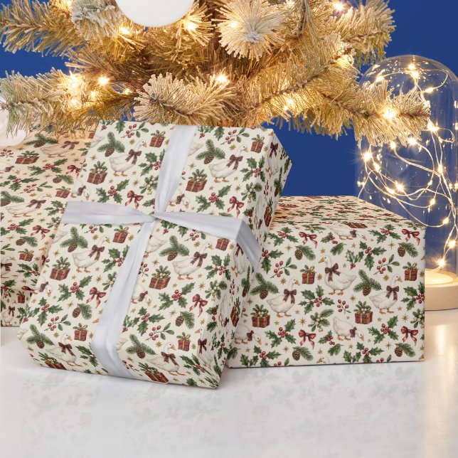 Papel De Presente Ganso de Natal Botânicos de Azevinho e Evergreens (Feriados)
