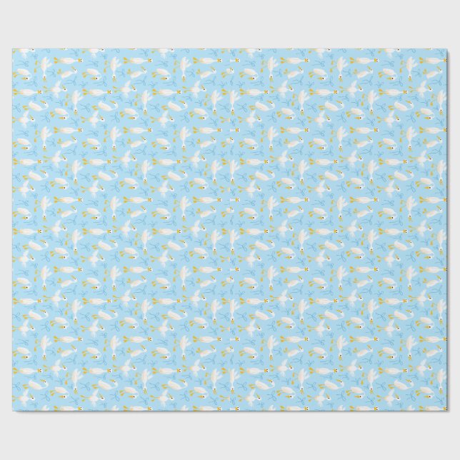 Papel De Presente Gansos Bobos e Laços Coquetes Branco sobre Azul Cl (Barra)