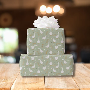 Papel De Presente Gansos Fofos e Padrão de Pegada em Verde Musgo