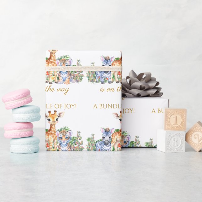 Papel De Presente Garçonete da selva, girafa e tigre (Chá de bebê)