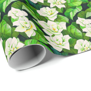 Papel De Presente Gardenias brancas e folhas verdes de jade