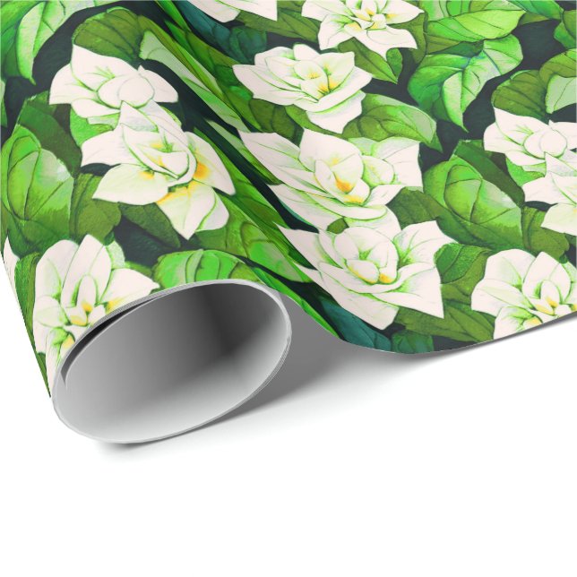 Papel De Presente Gardenias brancas e folhas verdes de jade (Ponta do rolo)