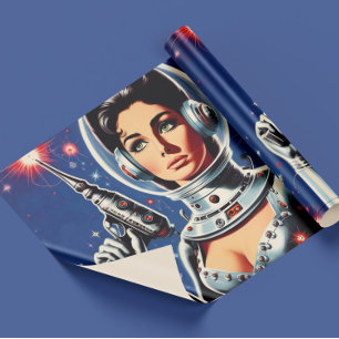 Papel De Presente Garota Astronauta de Ficção Científica Vintage