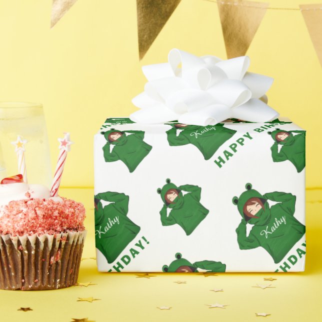 Papel De Presente Garota bonita com Sapo verde e um aniversário de d (Festa de aniversário)