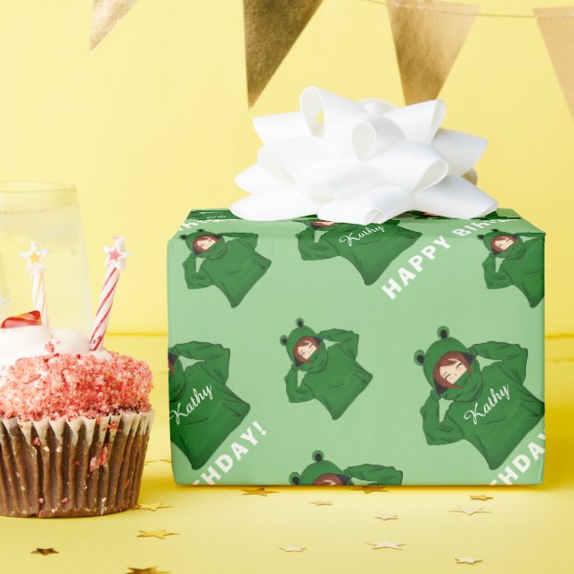 Papel De Presente Garota bonita com Sapo verde e um aniversário de d (Festa de aniversário)