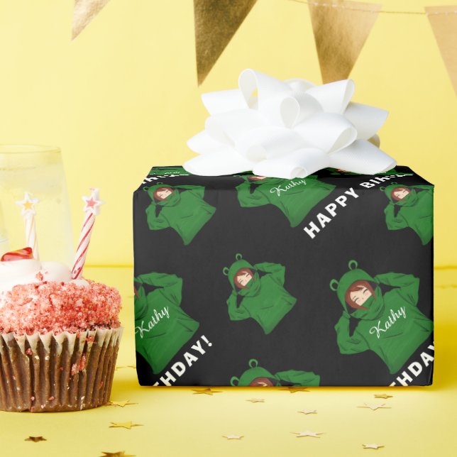 Papel De Presente Garota com Sapo Verde Desenho Sangrento Aniversári (Festa de aniversário)
