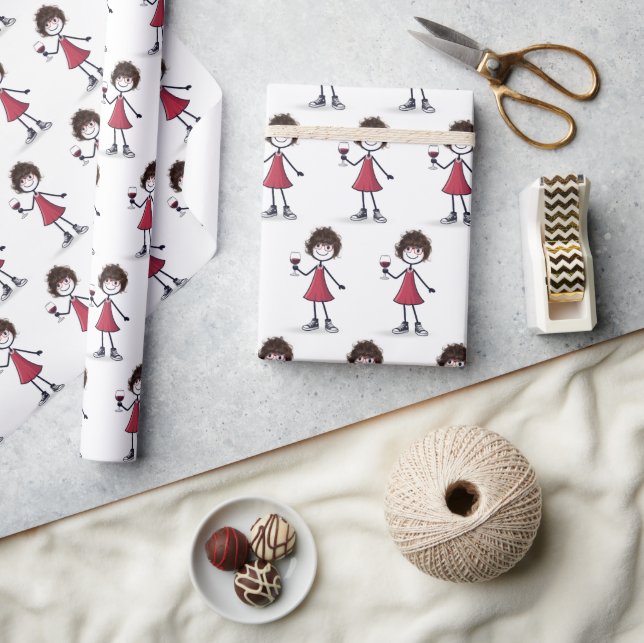 Papel De Presente Garota de Palito com Vinho Tinto  (Artesanato)