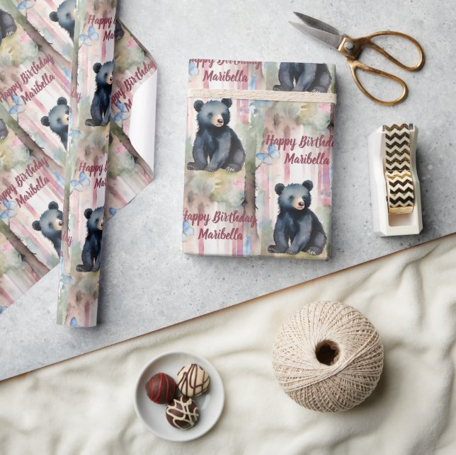 Papel De Presente Garota de Urso Bonito Personalizada Aniversário (Artesanato)