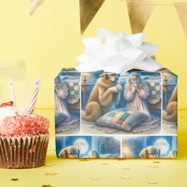 Papel De Presente Garota e Ouro Retriever Rezando (Festa de aniversário)