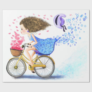Papel De Presente Garota Feliz Em Uma Bicicleta - Corações Românt