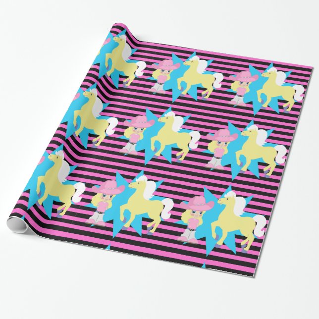 Papel De Presente Garota Loira com Cavalo em Qualquer Ocasião (Desenrolado)