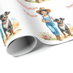 Papel De Presente Garota Ocidental e Cachorro Personalizado Aniversá