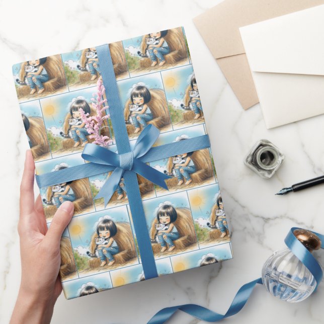 Papel De Presente Garota Pequena Com Gatinha Em Hay Bale (Presentear)