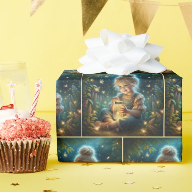 Papel De Presente Garota Pequena Com Vagalumes No Jar (Festa de aniversário)