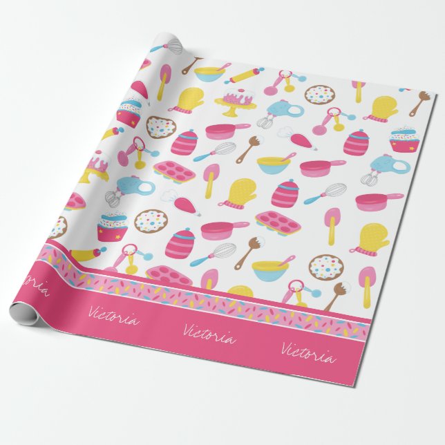 Papel De Presente Garota Pequena Criança Pink-Cozinhar Padrinha Chef (Desenrolado)