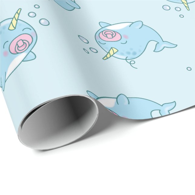 Papel De Presente Garota Rosa Chá de fraldas Kawaii, Cute Narwhale (Ponta do rolo)