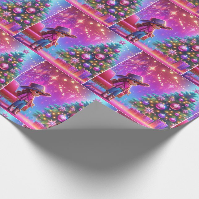 Papel De Presente Garotinha Em Frente Ao Natal Da Árvore (Ponta)