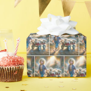 Papel De Presente Garoto Com Ouro Retriever Cuppies No Vagão