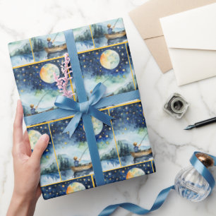 Papel De Presente Garoto De Aquarela Pescando À Noite