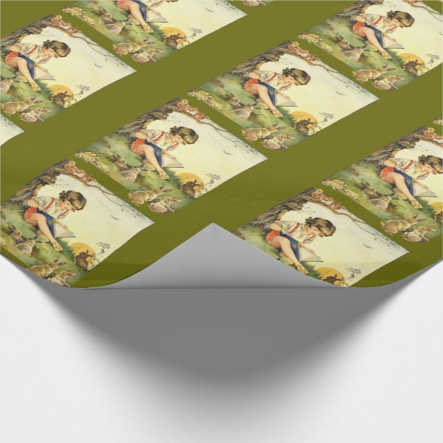 Papel De Presente Garoto lendo debaixo da árvore com coelhos (Ponta)
