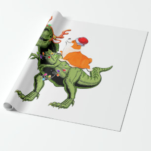 Papel De Presente Garoto Papai noel Corgi Andando T-rex Dinossaur Ch