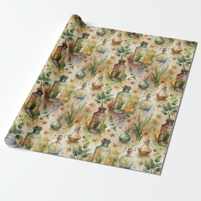 Papel De Presente Garrafa de Feitiçaria Mística Verde Marrom (Desenrolado)