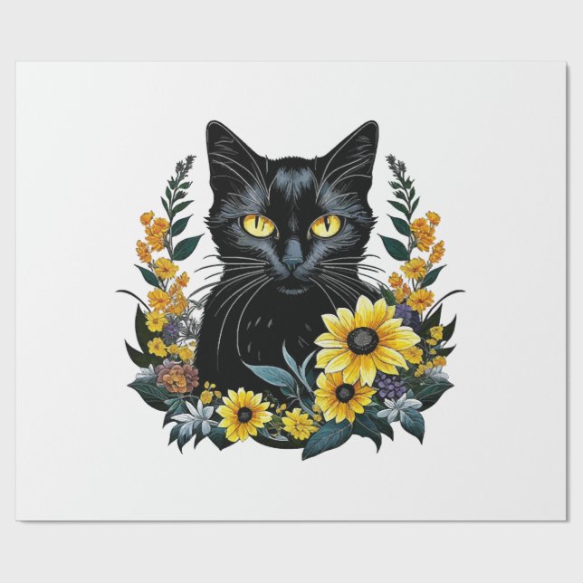 Papel De Presente gata preta com flores (Aberto)